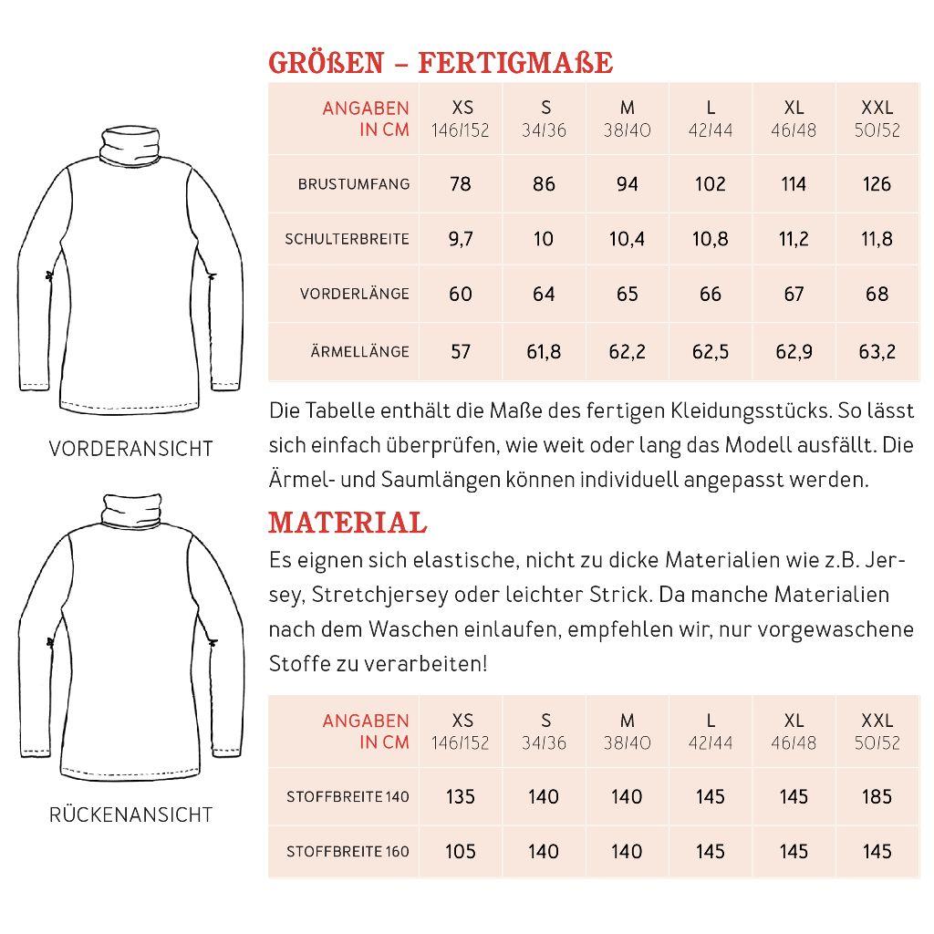 Papierschnittmuster Rollkragenshirt Frau Romy XS-XXL